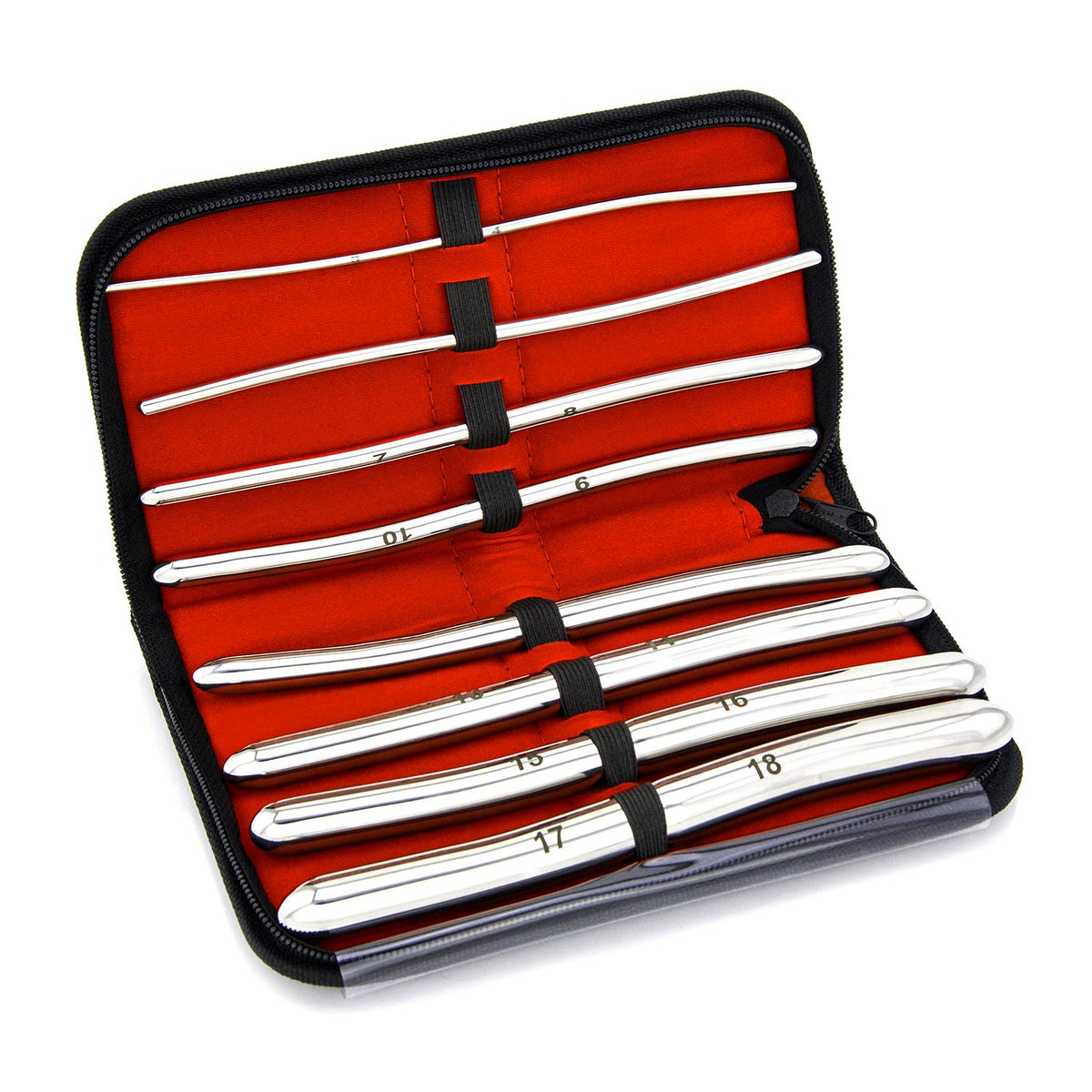 Rouge 8-piece stainless steel Hegar dilator set in storage case